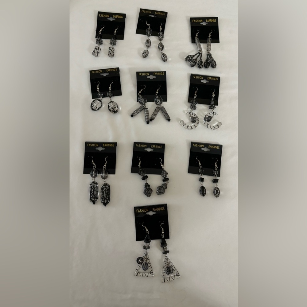 Black, Clear, and Silver Elegant Earrings Set of 10